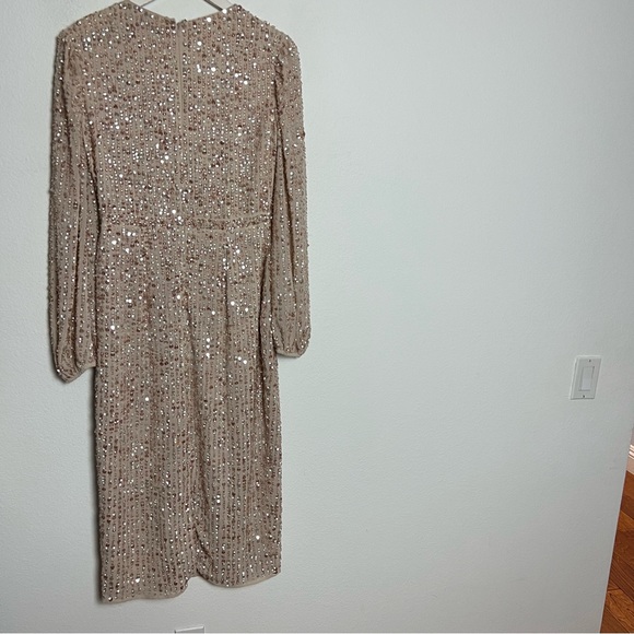 Mac Duggal Nude Sequin Long Sleeve Cocktail Midi Dress Size 4 Small - Picture 7 of 7